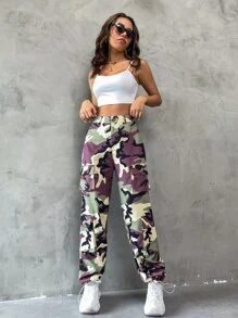 SHEIN Unity Camo Print Flap Pocket Side Cargo Trousers - Multicolor - View 5