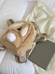 小絨球和卡通耳朵裝飾毛茸茸經典背包 - 卡其色 - 查看 7