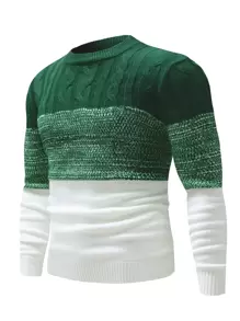 Manfinity Homme Men Colour Block Cable Knit Jumper - Dark Green - View 1
