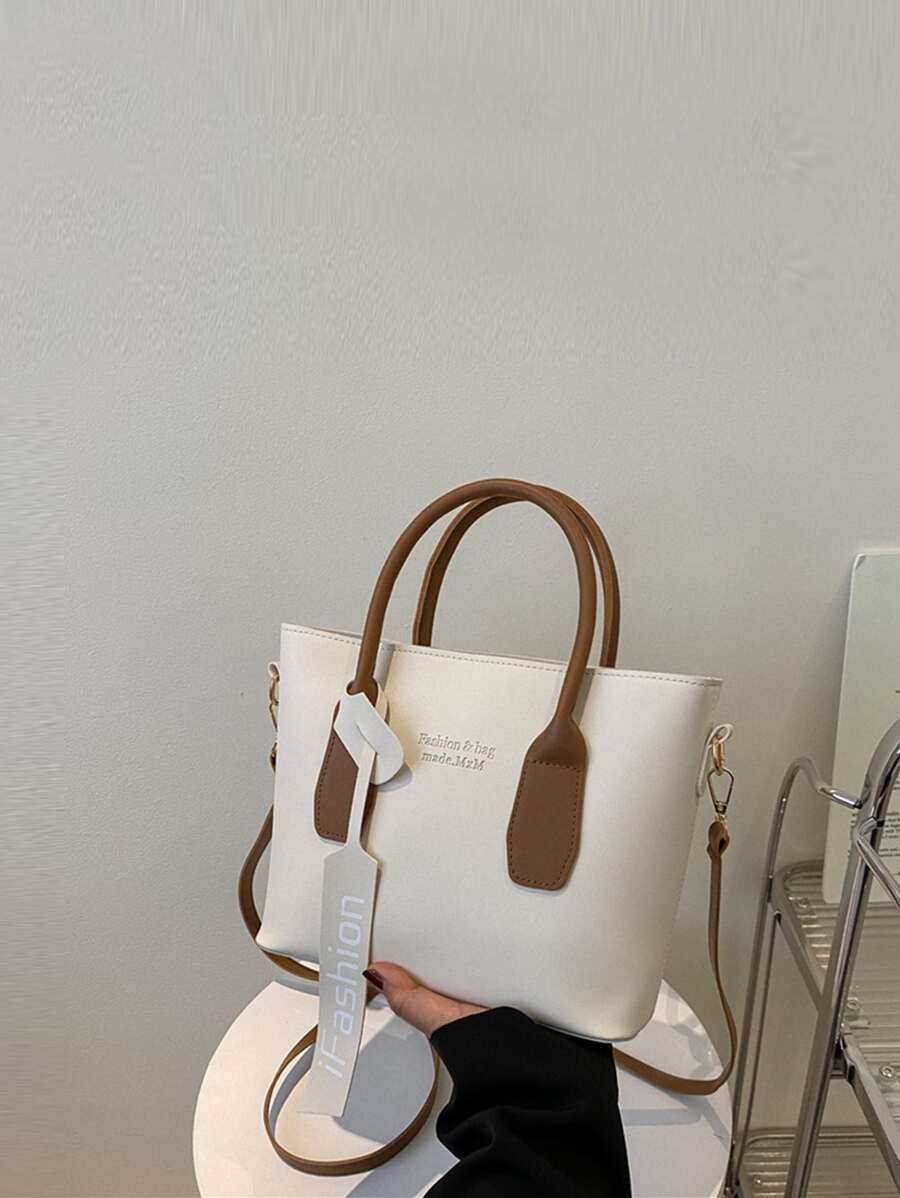 防水、輕巧、商務休閒字母圖案兩色方形包適合青少年女大學生、菜鳥和白領，非常適合辦公室、大學、工作、商務、通勤 - 白色 - 查看 1