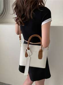 防水、輕巧、商務休閒字母圖案兩色方形包適合青少年女大學生、菜鳥和白領，非常適合辦公室、大學、工作、商務、通勤 - 白色 - 查看 2