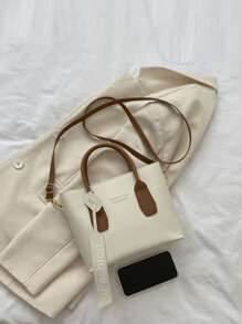 防水、輕巧、商務休閒字母圖案兩色方形包適合青少年女大學生、菜鳥和白領，非常適合辦公室、大學、工作、商務、通勤 - 白色 - 查看 5