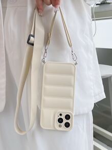 苹果复古纯色羽绒手机壳带挂绳适用于 11、 13、 14 Pro Max 防水防震防摔防刮 - 米色 - 查看 2