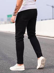 Manfinity Homme 男士輕度水洗藍破洞緊身牛仔褲 - 黑色 - 查看 2