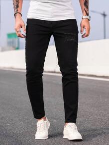 Manfinity Homme 男士輕度水洗藍破洞緊身牛仔褲 - 黑色 - 查看 4