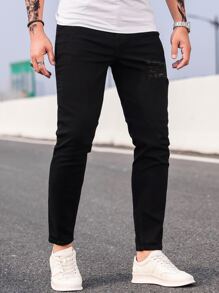 Manfinity Homme 男士輕度水洗藍破洞緊身牛仔褲 - 黑色 - 查看 5