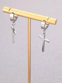 Fashionable and Popular Men Cross Drop Earrings Stainless Steel for Jewelry Gift and for a Stylish Look - Silver - View 2