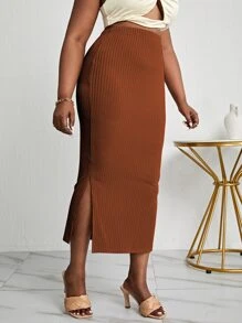 Celure Falda de lápiz bajo con abertura tejida de canalé - Óxido marrón - Ver 2