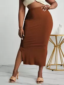 Celure Falda de lápiz bajo con abertura tejida de canalé - Óxido marrón - Ver 1