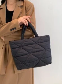 Quilted Detail Top Handle Bag - Black - View 6