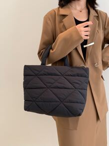 Quilted Detail Top Handle Bag - Black - View 7