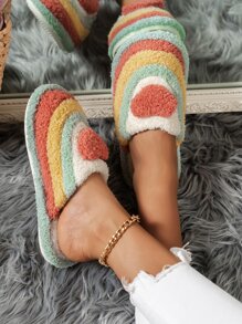 Pantuflas de dormitorio con decoración de corazón de color block de otoño/invierno, pantuflas interiores de mujer con estilo preppy a rayas de colores, pantuflas esponjosas - Multicolor - Ver 5