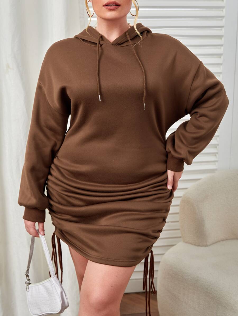 SHEIN EZwear Plus Size Drawstring Side Drop Shoulder Sweatshirt Dress - Coffee Brown - View 1