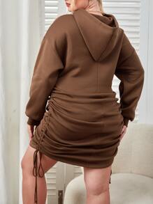 SHEIN EZwear Plus Size Drawstring Side Drop Shoulder Sweatshirt Dress - Coffee Brown - View 2