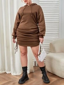 SHEIN EZwear Plus Size Drawstring Side Drop Shoulder Sweatshirt Dress - Coffee Brown - View 4