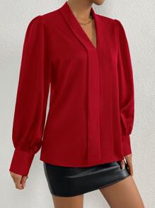 SHEIN Clasi 素色青果領燈籠袖襯衫 - 酒紅色 - 查看 6