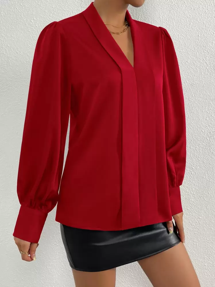 SHEIN Clasi Camisa unicolor de cuello esmoquin de manga obispo - Burdeos - Añade 6