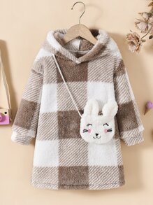 小女童大格紋毛絨帽衫洋裝和包