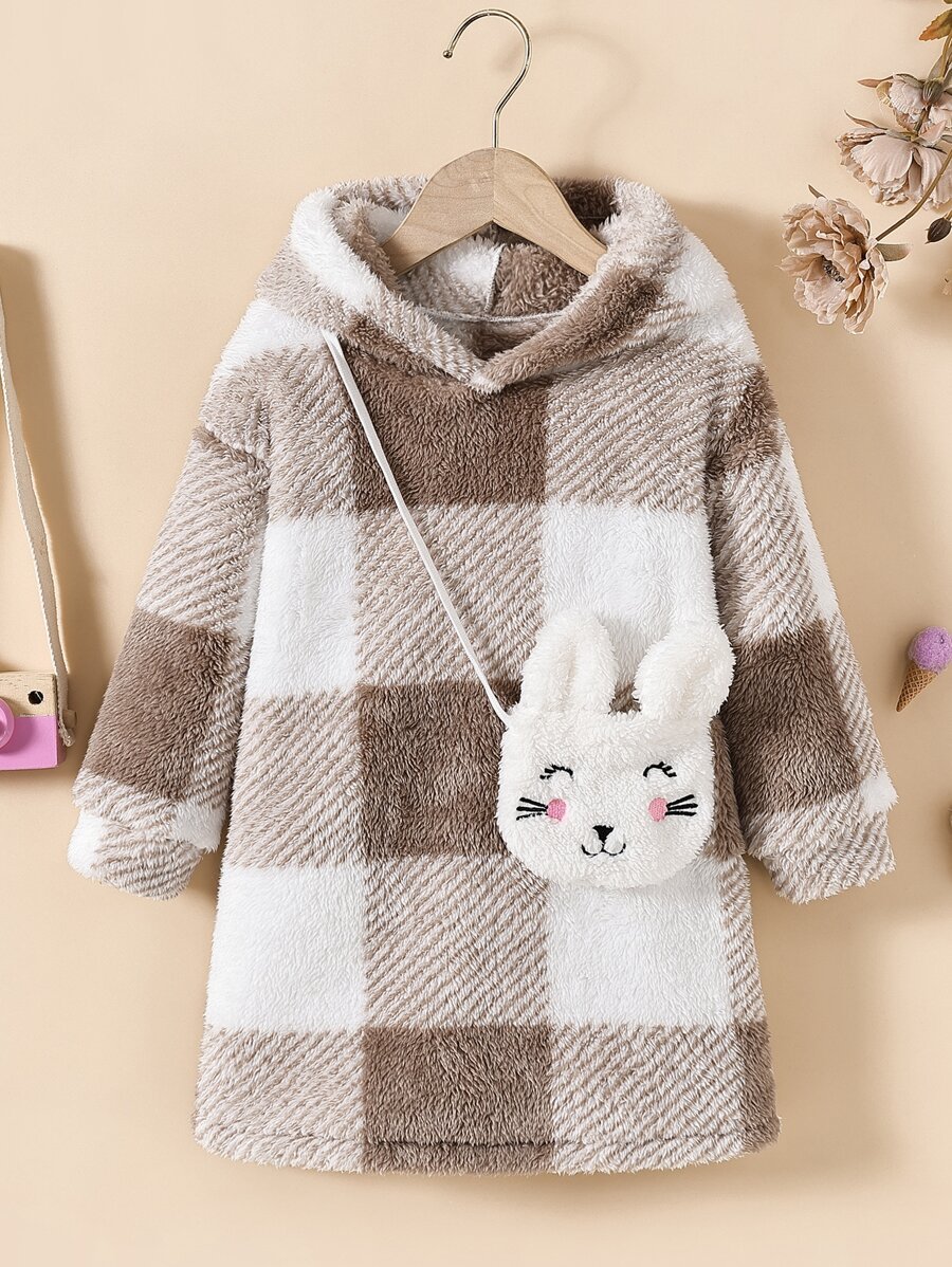 小女童大格紋毛絨帽衫洋裝和包