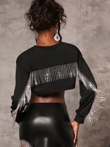 SHEIN BAE Rhinestone Letter Pattern Drop Shoulder Fringe Trim Crop Sweatshirt - Black - View 2