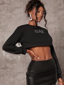 SHEIN BAE Rhinestone Letter Pattern Drop Shoulder Fringe Trim Crop Sweatshirt - Black - View 3