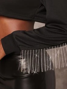 SHEIN BAE Rhinestone Letter Pattern Drop Shoulder Fringe Trim Crop Sweatshirt - Black - View 4