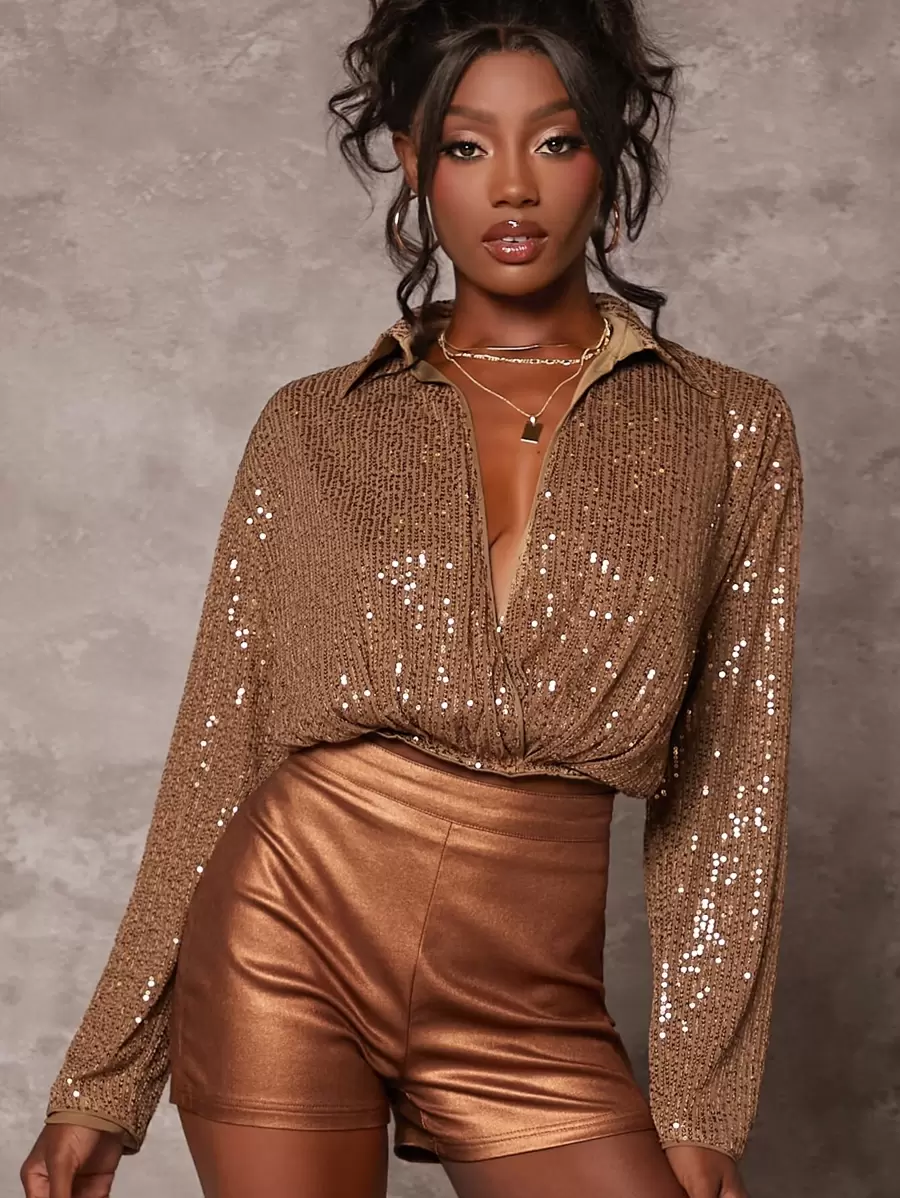 SHEIN BAE 聖誕深V翻領亮片圍裹女士襯衫 - 棕色 - 查看 1