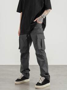 Manfinity EMRG Men Flap Pocket Side Drawstring Waist Cargo Trousers - Dark Grey - View 1