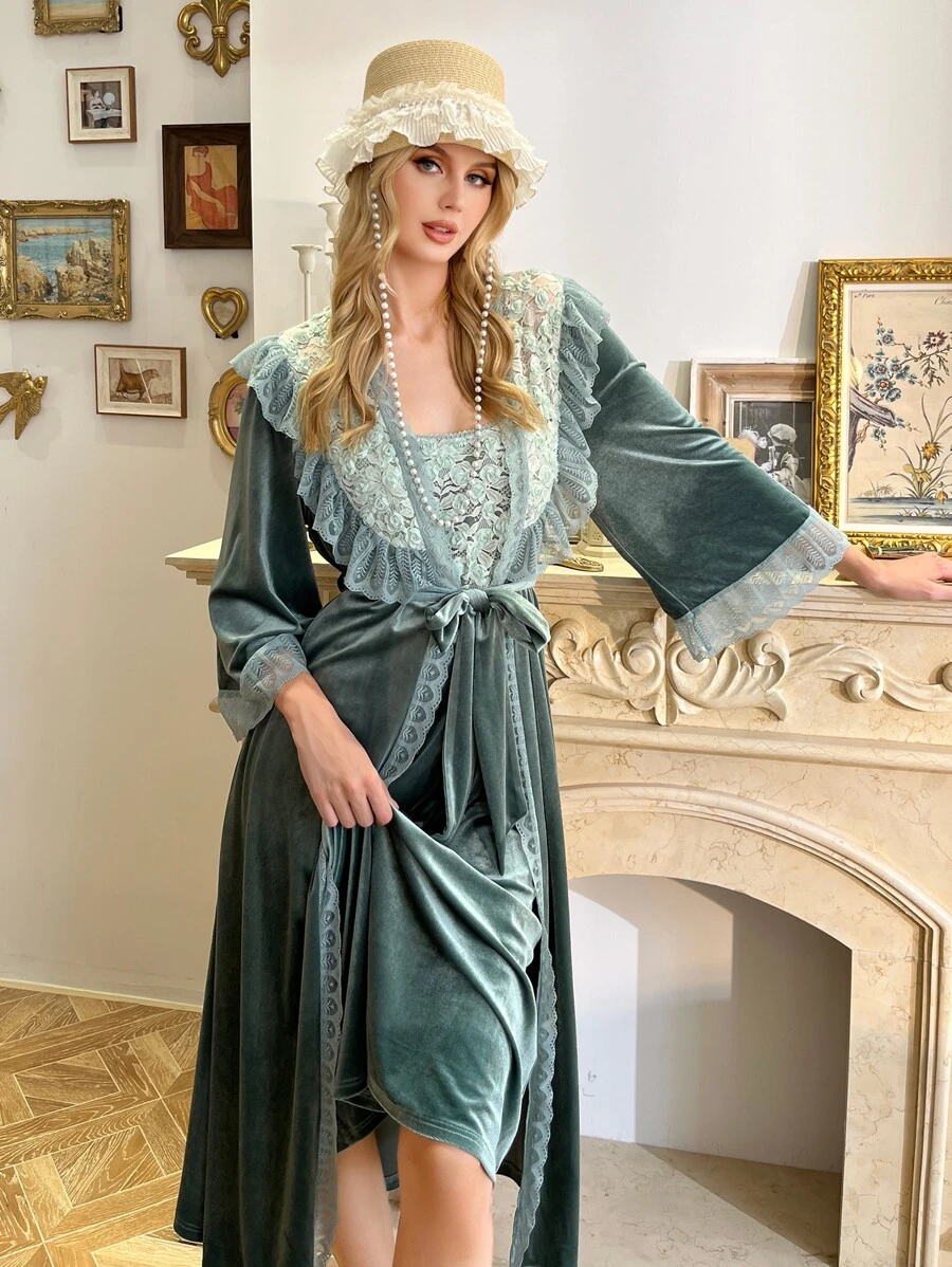 Appliques Lace Panel Ruffle Trim Belted Velvet Sleep Robe & Cami Nightdress - Cadet Blue - View 1