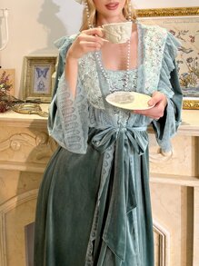 Appliques Lace Panel Ruffle Trim Belted Velvet Sleep Robe & Cami Nightdress - Cadet Blue - View 3