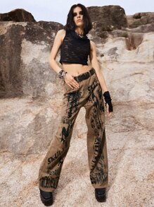 ROMWE Grunge Punk Letter Skeleton Graphic Jeans Without Belt - Brown - View 4