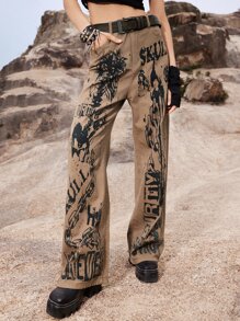 ROMWE Grunge Punk Letter Skeleton Graphic Jeans Without Belt - Brown - View 2
