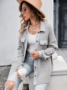 SHEIN LUNE Drop Shoulder Button Front Coat - Light Grey - View 3