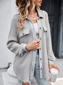 SHEIN LUNE Drop Shoulder Button Front Coat - Light Grey - View 4