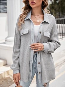 SHEIN LUNE Drop Shoulder Button Front Coat - Light Grey - View 5