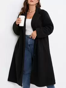 SHEIN LUNE Plus Lapel Neck Single Breasted Teddy Coat - Black - View 1