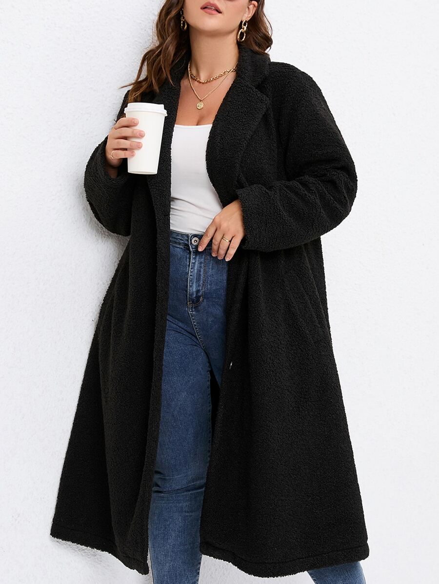 SHEIN LUNE Plus Lapel Neck Single Breasted Teddy Coat - Black - View 1
