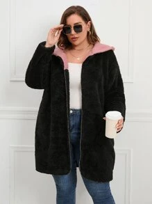 SHEIN LUNE Abrigo teddy de hombros caídos con capucha - Negro - Ver 1