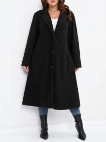SHEIN LUNE Plus Lapel Neck Single Breasted Teddy Coat - Black - View 3