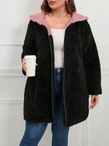 SHEIN LUNE Abrigo teddy de hombros caídos con capucha - Negro - Ver 3