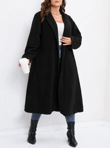 SHEIN LUNE Plus Lapel Neck Single Breasted Teddy Coat - Black - View 5