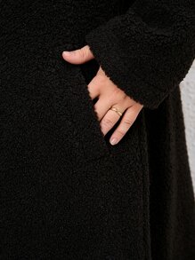 SHEIN LUNE Plus Lapel Neck Single Breasted Teddy Coat - Black - View 6