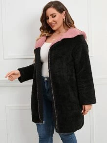 SHEIN LUNE Abrigo teddy de hombros caídos con capucha - Negro - Ver 6