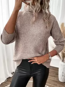 SHEIN LUNE Jersey cuello alto de manga raglán tejido jaspeado - Caqui - Ver 1