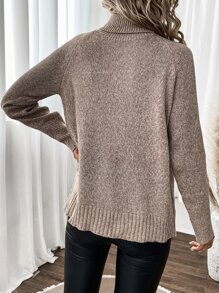 SHEIN LUNE Jersey cuello alto de manga raglán tejido jaspeado - Caqui - Ver 2