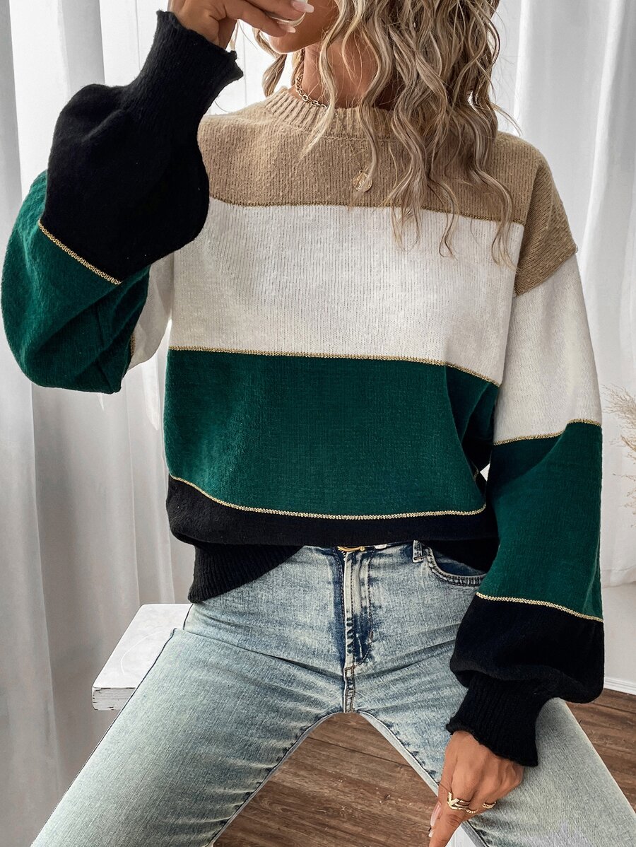 SHEIN LUNE Jersey de color combinado de manga obispo - Multicolor - Ver 1