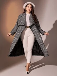 Modelyn Plus Plaid Waterfall Collar Overcoat - Black and White - View 1