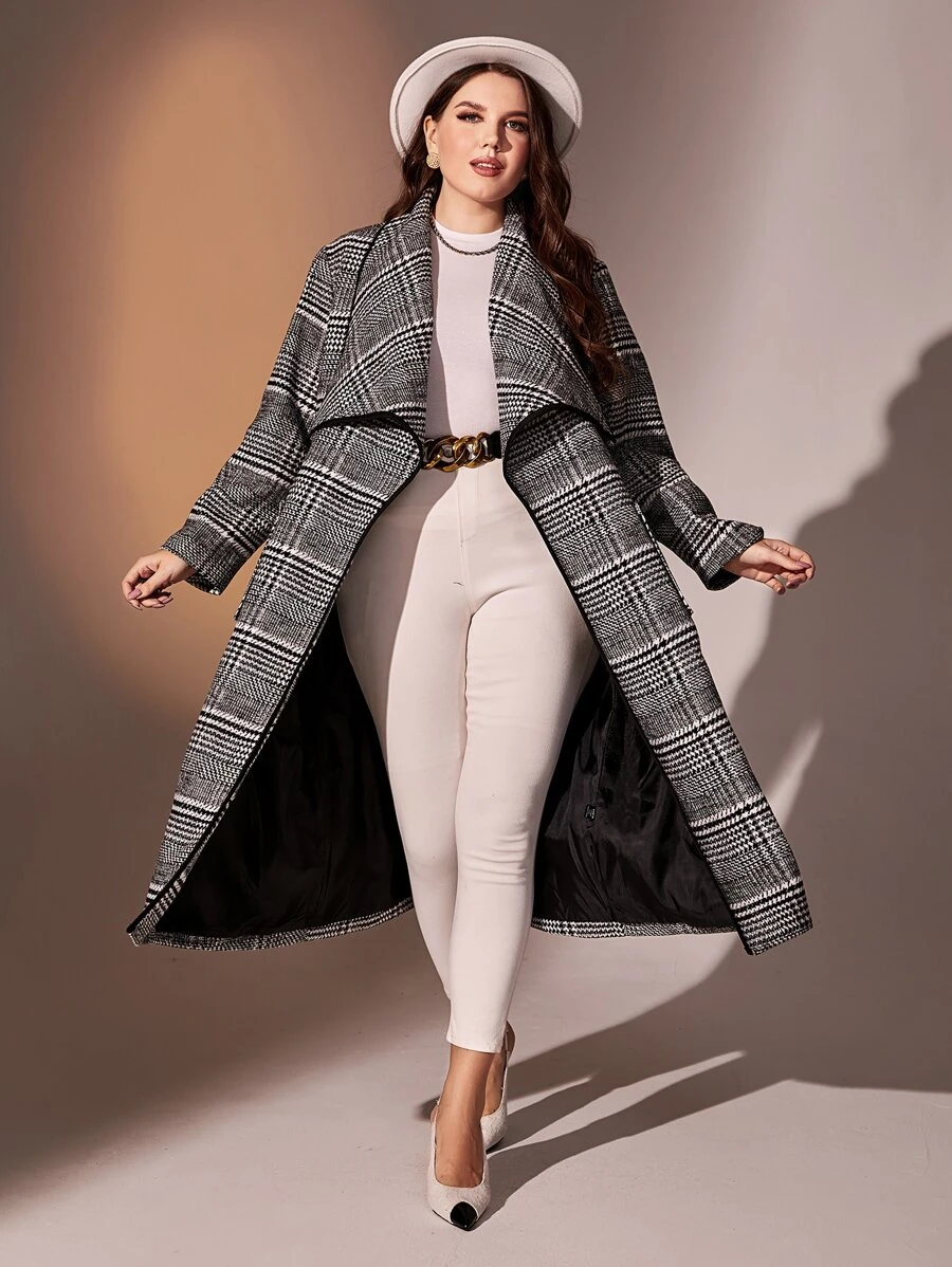 Modelyn Plus Plaid Waterfall Collar Overcoat - Black and White - View 1