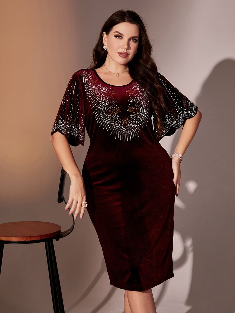 Modelyn Burgundy Red Plus Rhinestone Butterfly Sleeve Velvet Dress - Burgundy - View 1