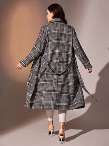 Modelyn Plus Plaid Waterfall Collar Overcoat - Black and White - View 2